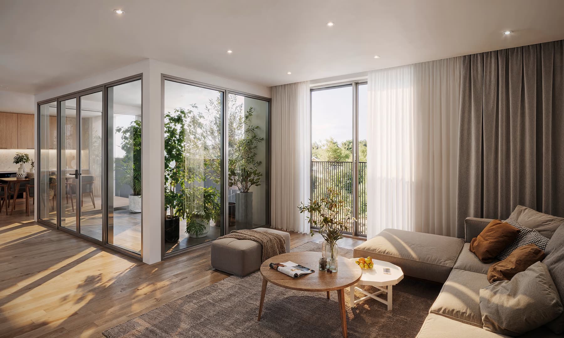 Architektur-Render, Wohnzimmer mit Glasschiebetüren